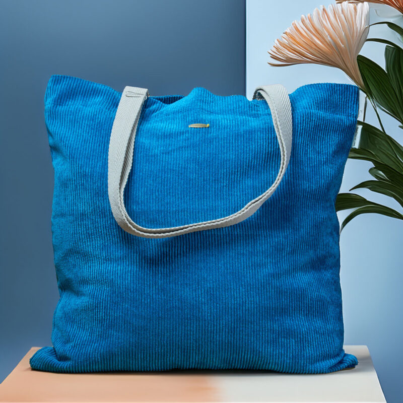 Bolso tote de pana gruesa en color azul visto de frente