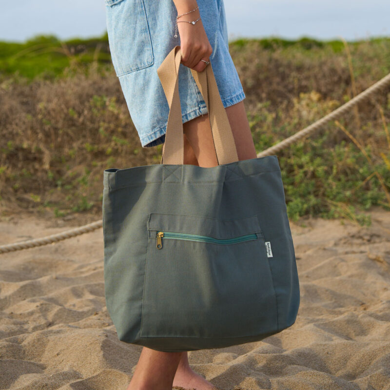 Detalle bolsillo con cremallera bolso tote Detalle del bolsillo exterior con cremallera del bolso tote