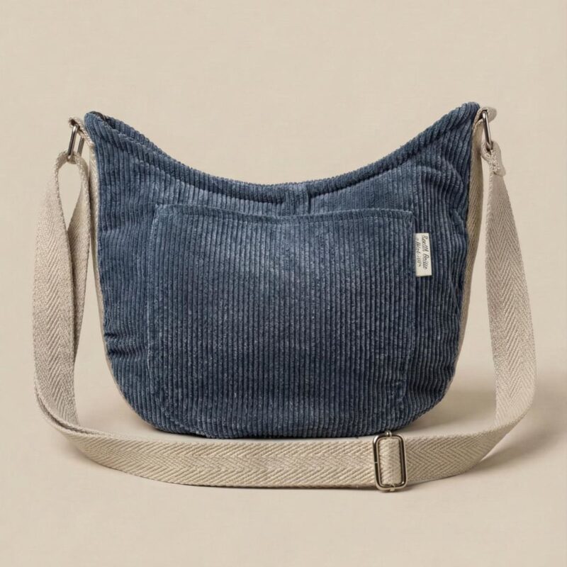 Bolso bandolera de pana azul · frontal Bolso bandolera de pana azul con bolsillo exterior frontal y correa extendida, vista frontal