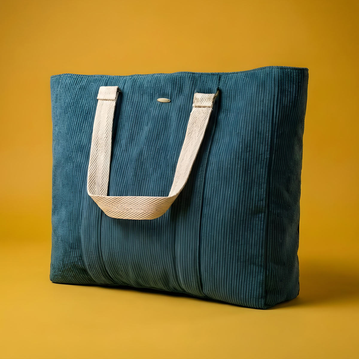Bolso tote de tela en pana verde Vista lateral de bolso tote de pana verde con asas en contraste
