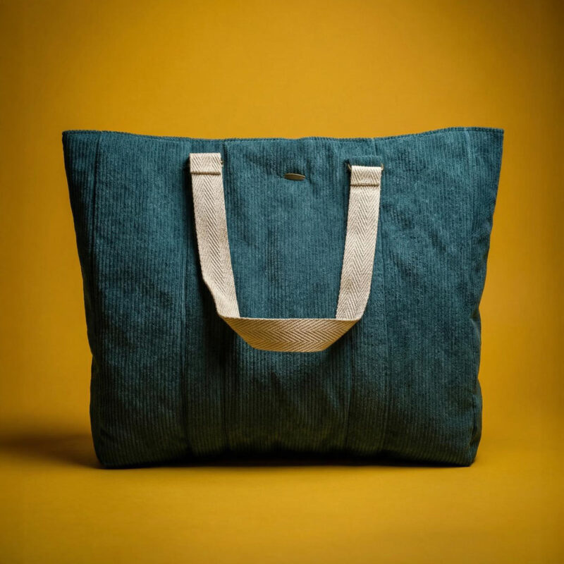 Parte trasera bolso tote de pana Parte trasera de bolso tote de pana verde con asas largas