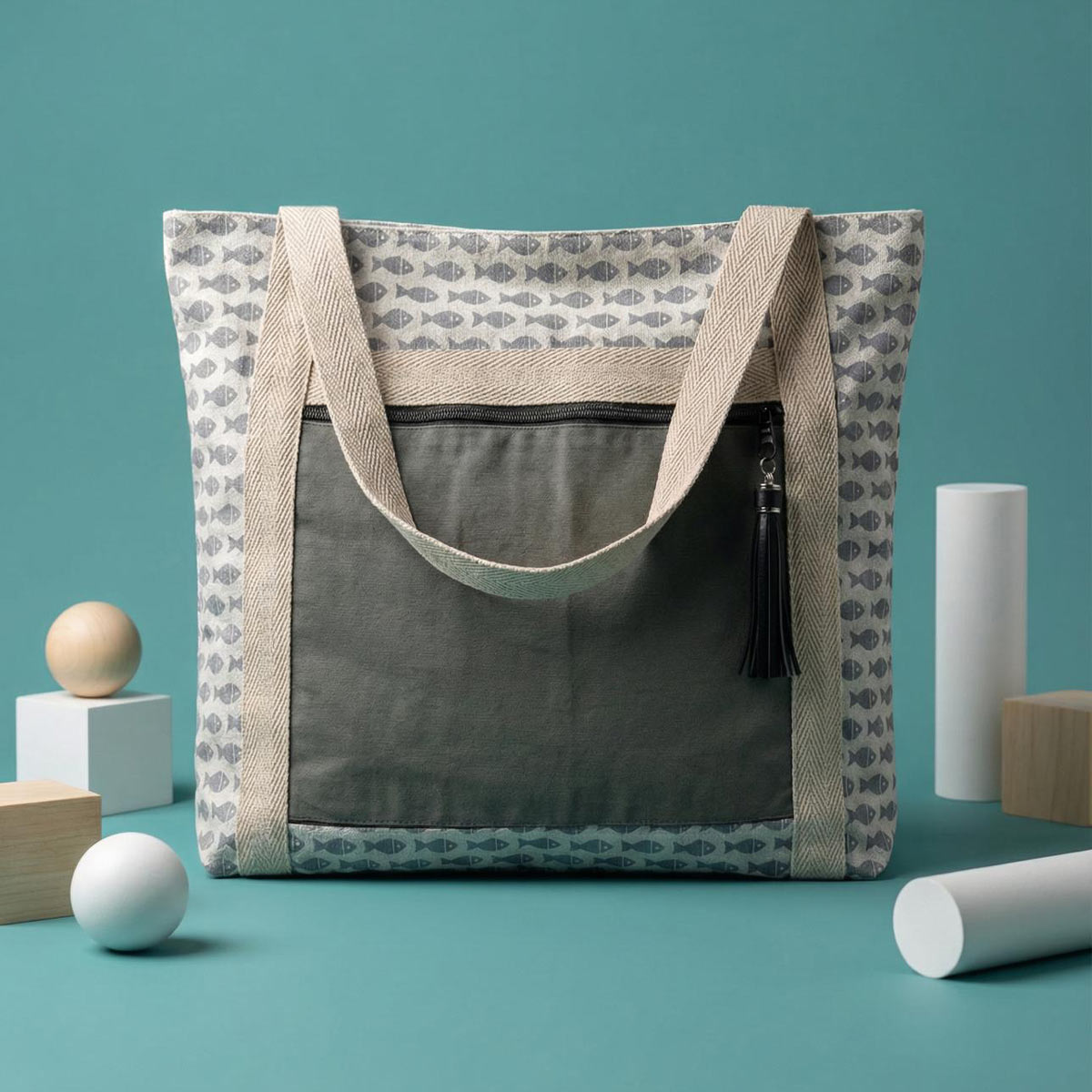 Bolso tote de tela estampada con bolsillo exterior Bolso tote de tela estampada con bolsillo exterior y cremallera
