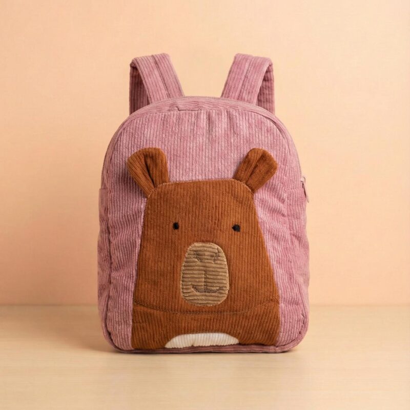 Mochila infantil de pana rosa con capibara en el frontal