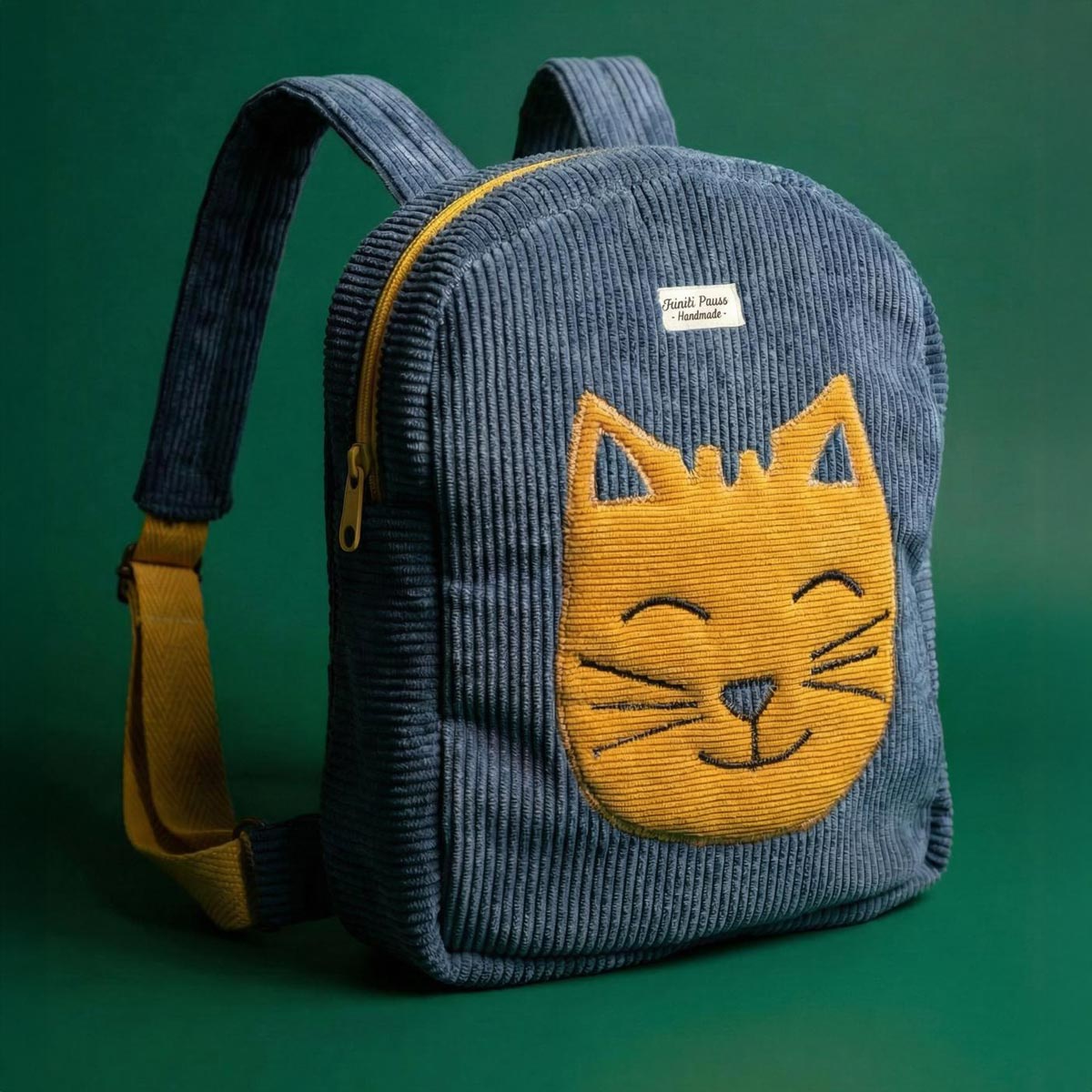 Mochila infantil de pana con gato Vista lateral de mochila infantil de pana con gato