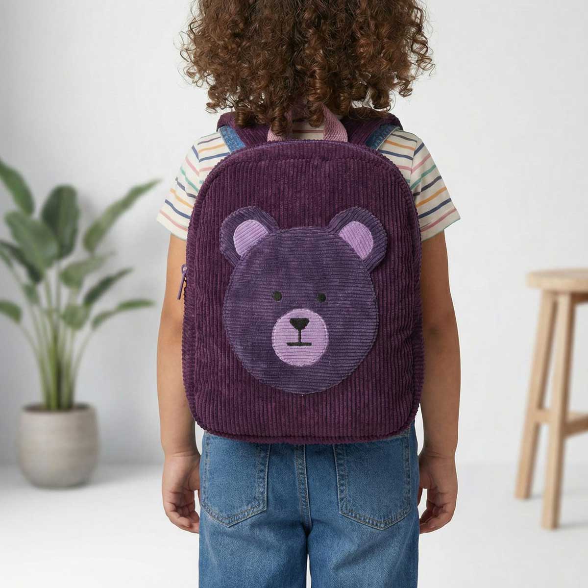 Mochila infantil de pana con oso Vista trasera de mochila infantil de pana