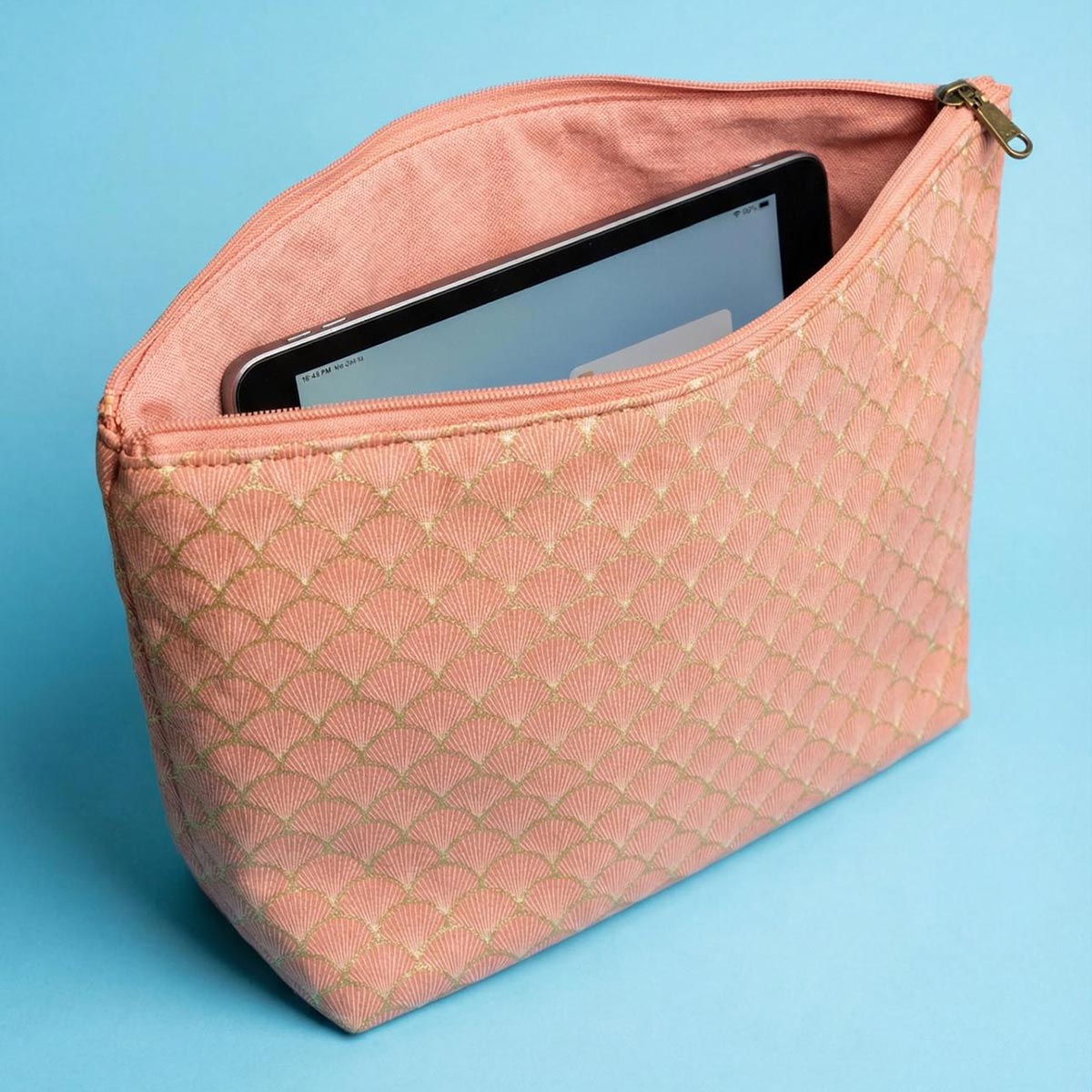 Funda de tela para tablet con cremallera salmón Interior forrado de funda de tela rosa para tablet