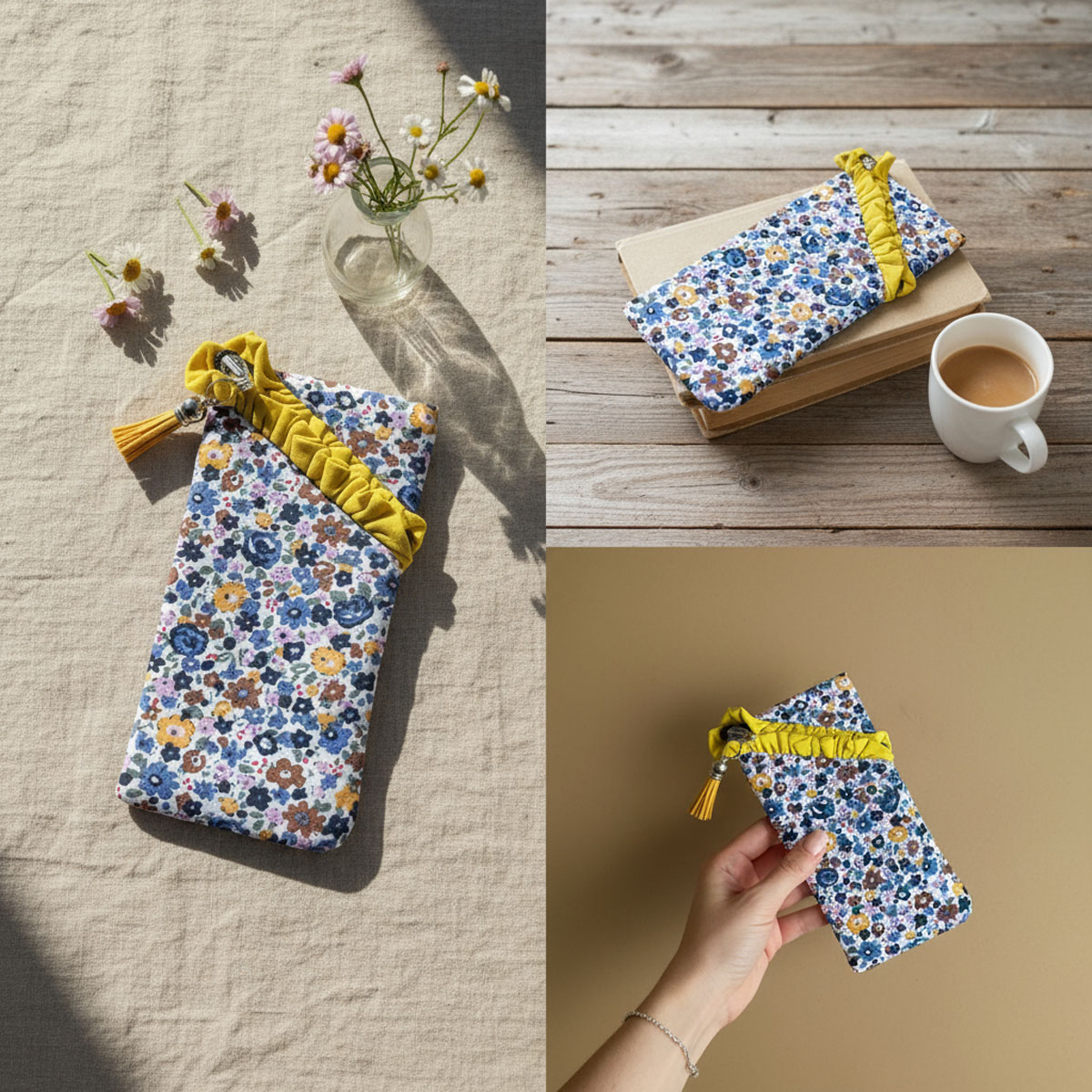 Funda multiusos de tela con estampado floral azul Funda multiusos de tela con estampado floral en diferentes vistas del producto