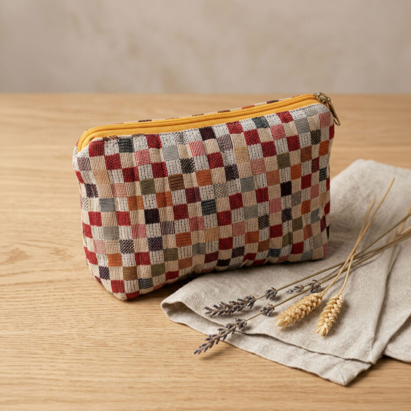 Neceser de tela con cremallera y estampado de cuadros, vista en perspectiva