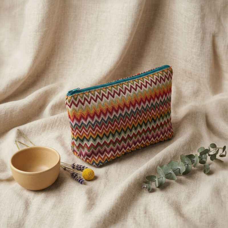 Neceser de tela con cremallera y estampado de zigzag multicolor, vista en perspectiva